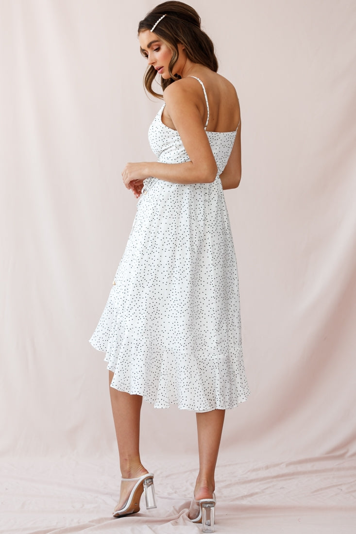 Blessed Wrap Ruffle Hem Midi Dress Dot Print White