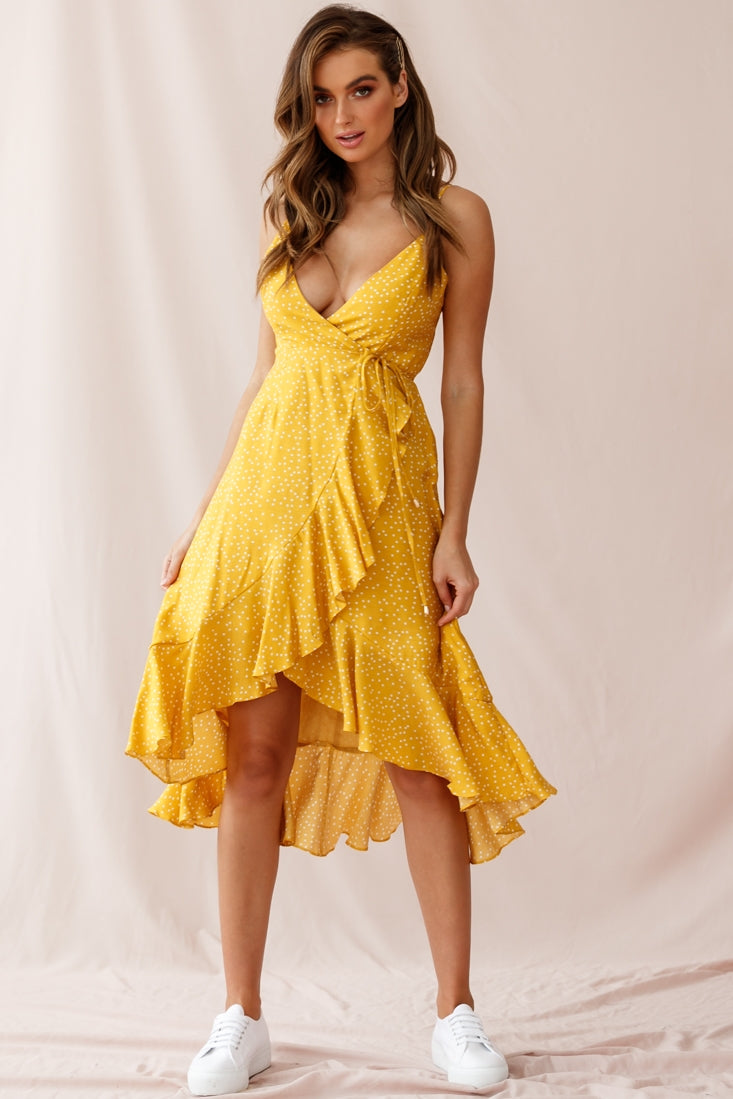 Blessed Wrap Ruffle Hem Midi Dress Dot Print Mustard